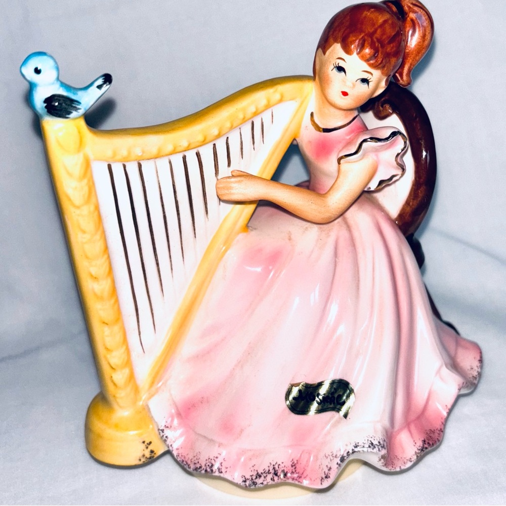 Vintage Josef Musical Harp Girl Bluebird Music Box Love Story Theme Japan